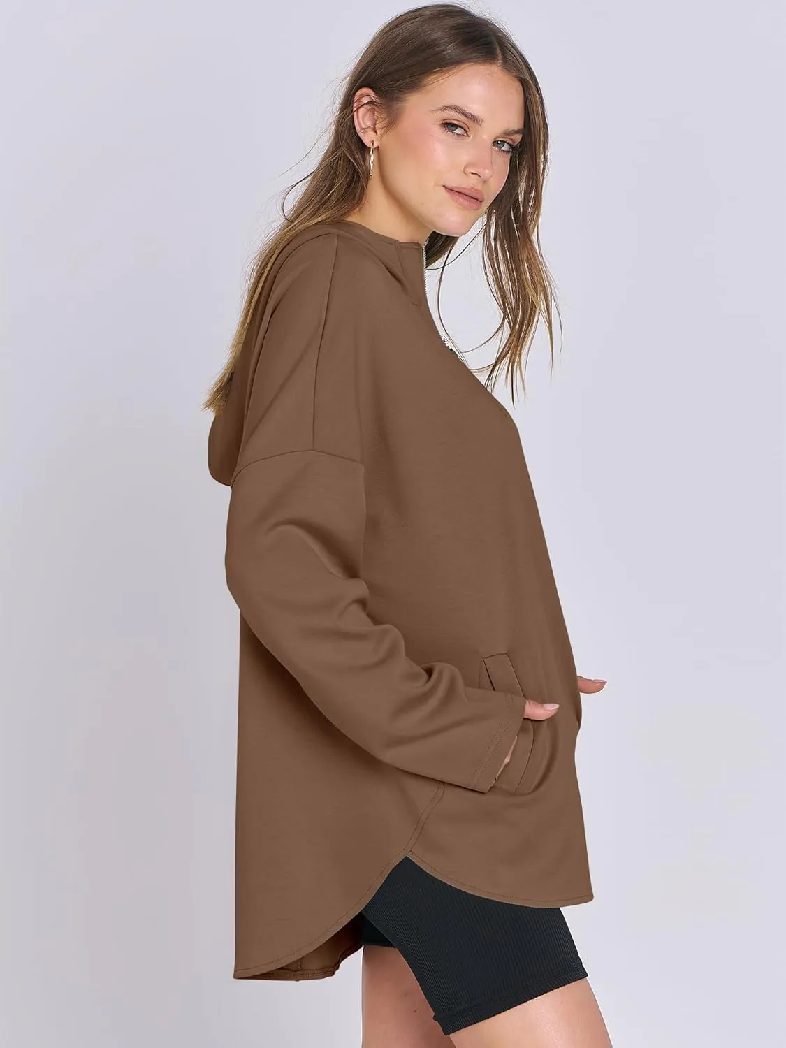 ANRABESS Womens Oversized Hoodie Quarter Zip Sweatshirts 2025 Spring Tunic Pullover Top Trendy Teen Girls Preppy Clothes