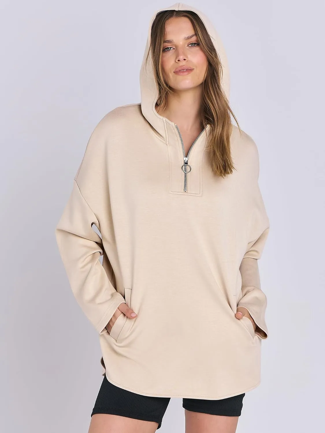 ANRABESS Womens Oversized Hoodie Quarter Zip Sweatshirts 2025 Spring Tunic Pullover Top Trendy Teen Girls Preppy Clothes