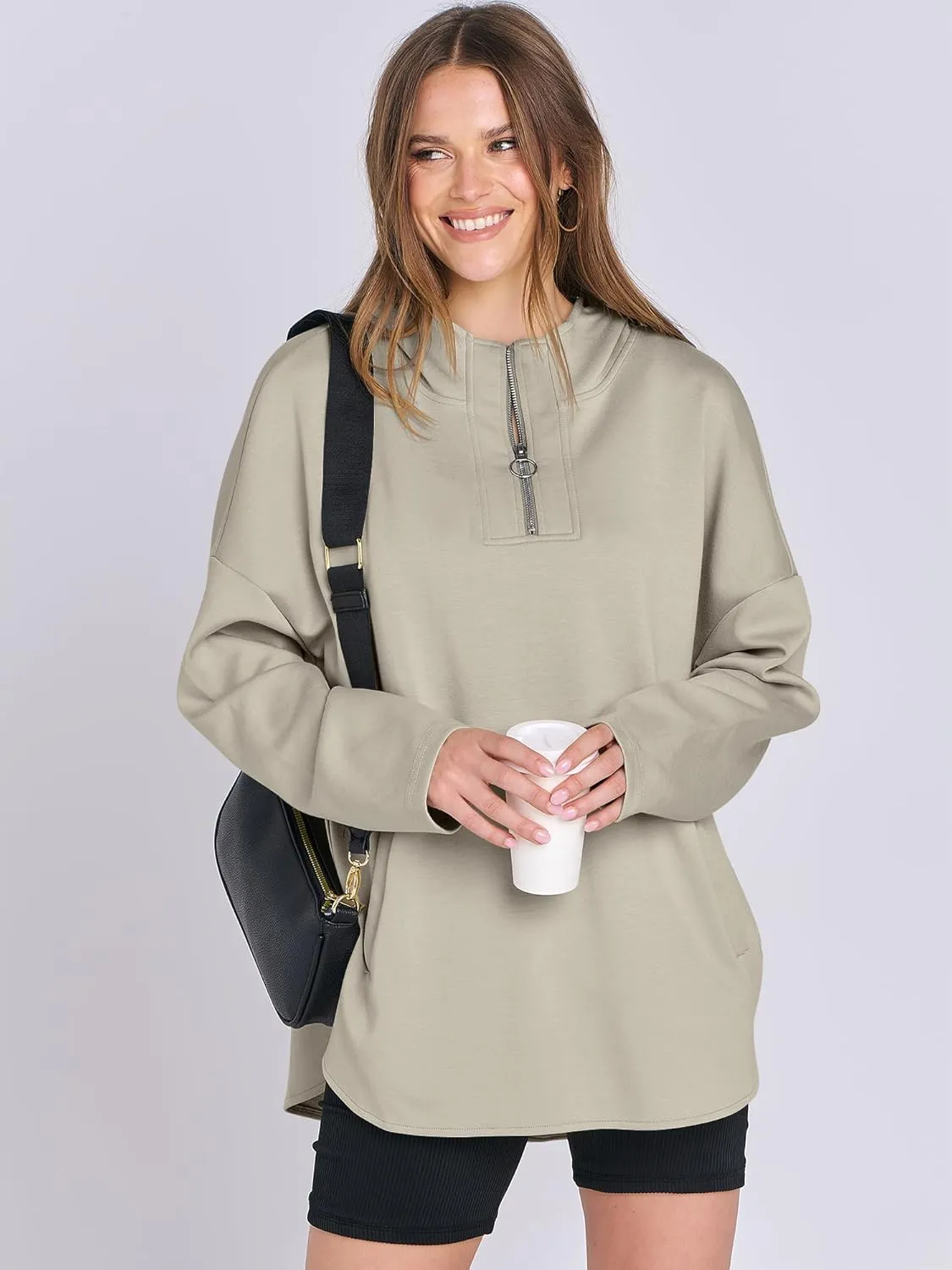 ANRABESS Womens Oversized Hoodie Quarter Zip Sweatshirts 2025 Spring Tunic Pullover Top Trendy Teen Girls Preppy Clothes