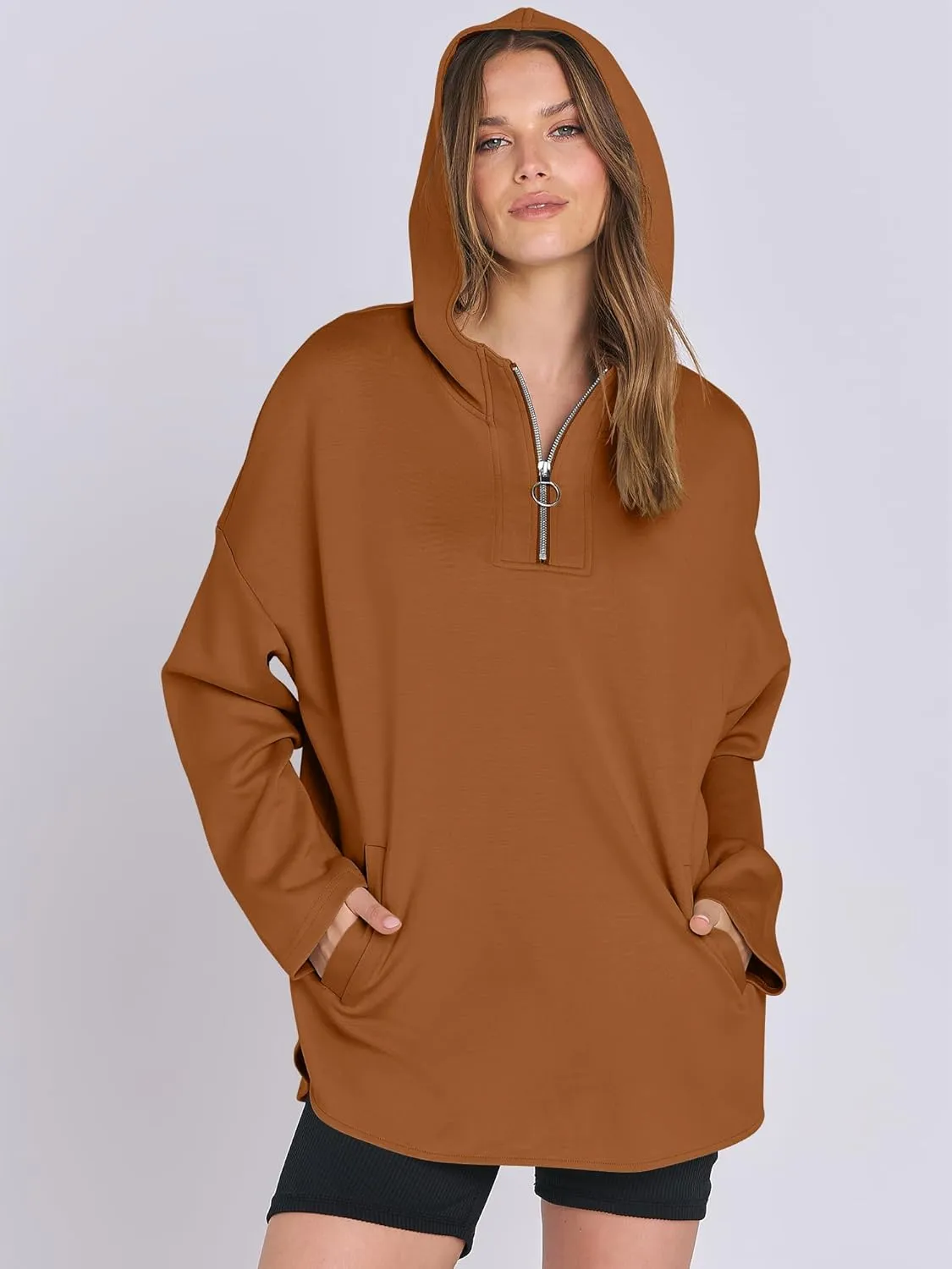 ANRABESS Womens Oversized Hoodie Quarter Zip Sweatshirts 2025 Spring Tunic Pullover Top Trendy Teen Girls Preppy Clothes