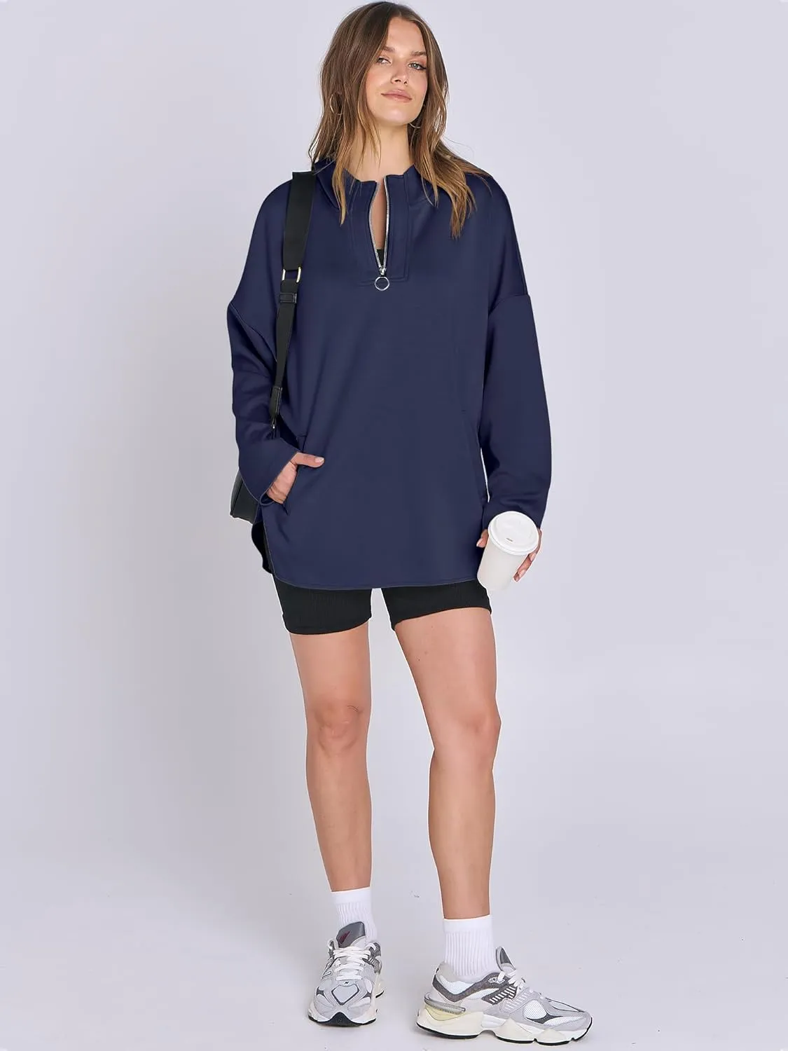 ANRABESS Womens Oversized Hoodie Quarter Zip Sweatshirts 2025 Spring Tunic Pullover Top Trendy Teen Girls Preppy Clothes