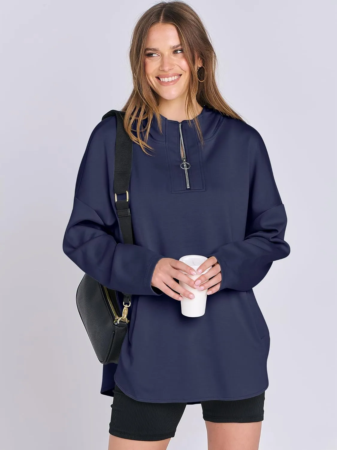 ANRABESS Womens Oversized Hoodie Quarter Zip Sweatshirts 2025 Spring Tunic Pullover Top Trendy Teen Girls Preppy Clothes