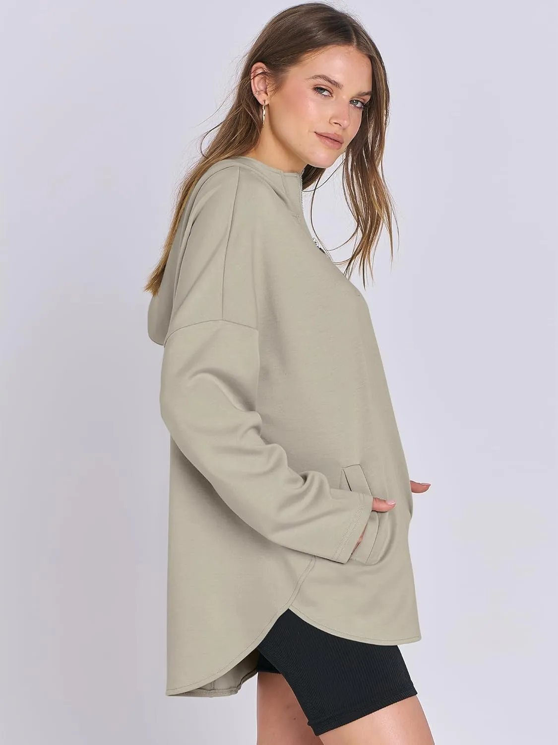 ANRABESS Womens Oversized Hoodie Quarter Zip Sweatshirts 2025 Spring Tunic Pullover Top Trendy Teen Girls Preppy Clothes