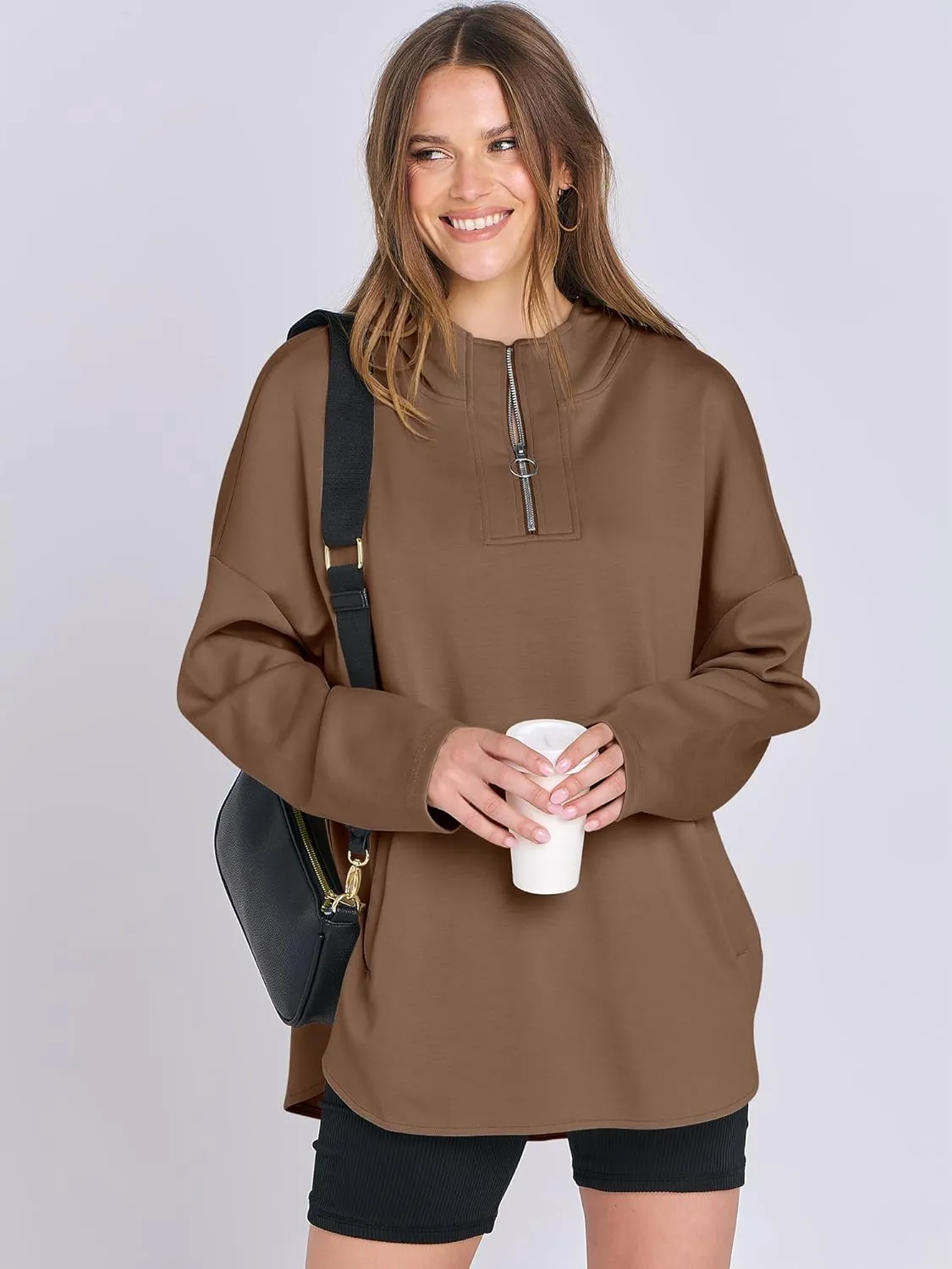 ANRABESS Womens Oversized Hoodie Quarter Zip Sweatshirts 2025 Spring Tunic Pullover Top Trendy Teen Girls Preppy Clothes