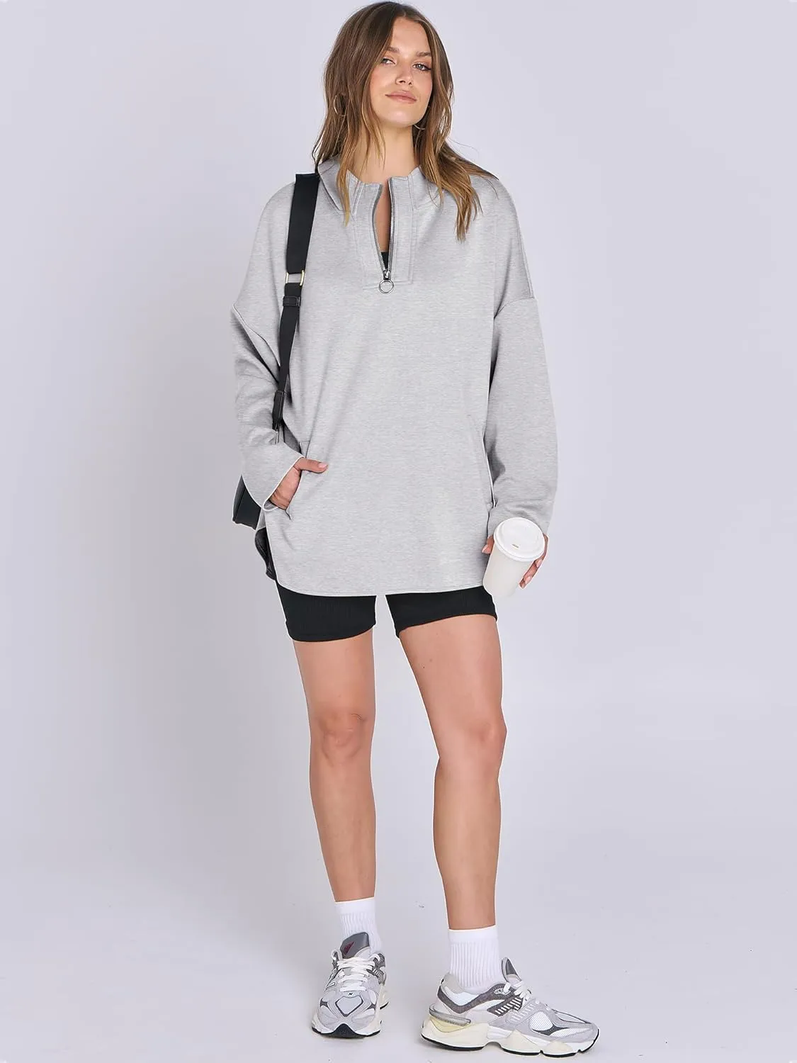 ANRABESS Womens Oversized Hoodie Quarter Zip Sweatshirts 2025 Spring Tunic Pullover Top Trendy Teen Girls Preppy Clothes