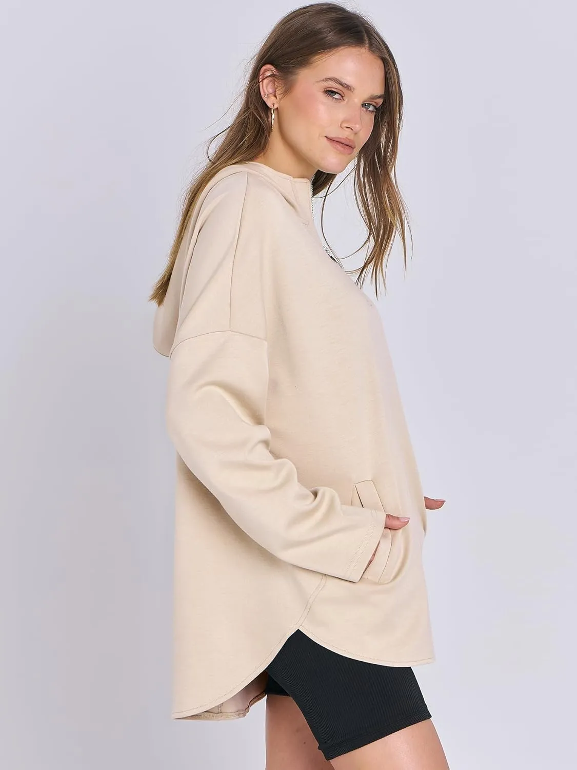 ANRABESS Womens Oversized Hoodie Quarter Zip Sweatshirts 2025 Spring Tunic Pullover Top Trendy Teen Girls Preppy Clothes