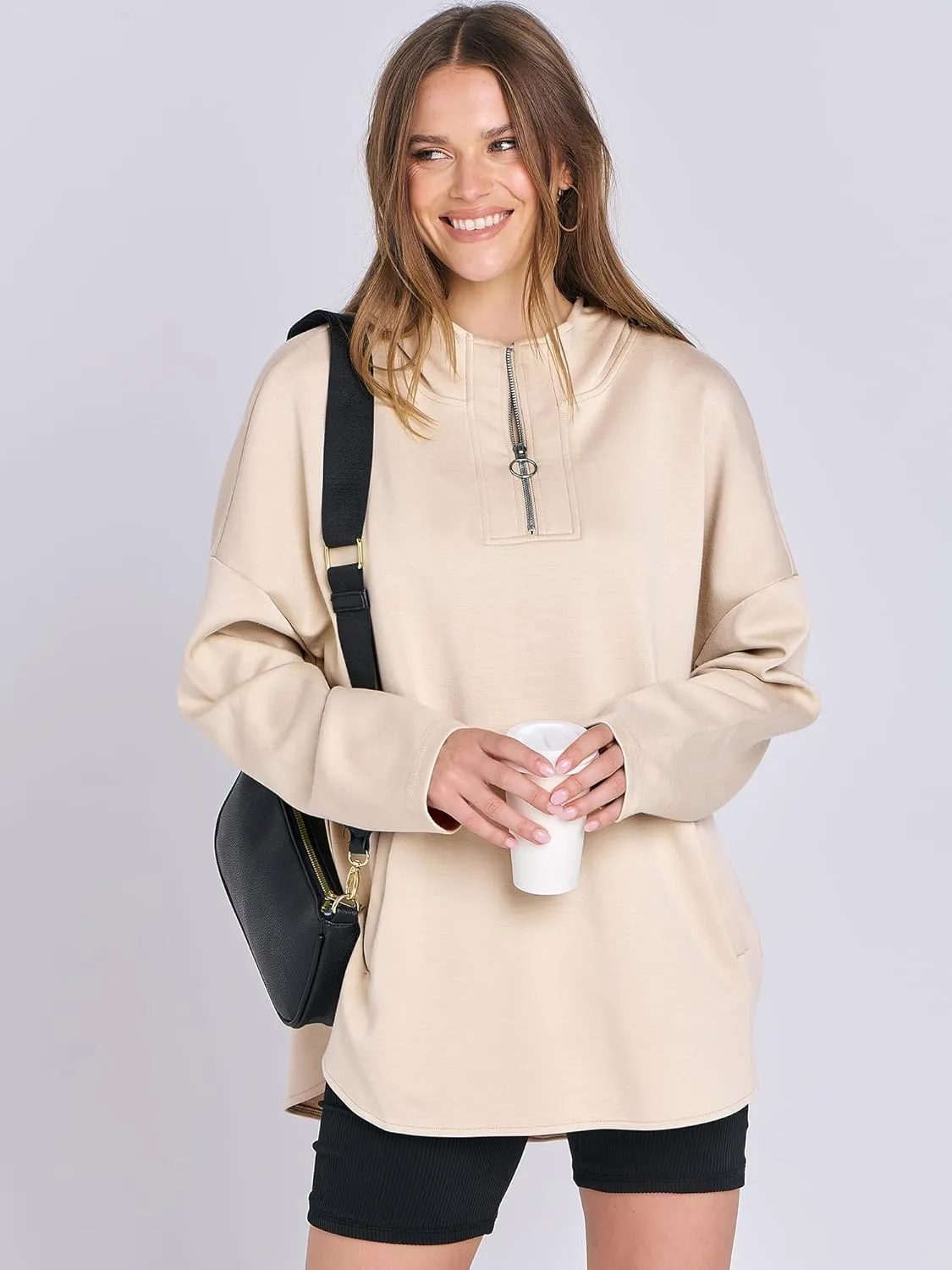 ANRABESS Womens Oversized Hoodie Quarter Zip Sweatshirts 2025 Spring Tunic Pullover Top Trendy Teen Girls Preppy Clothes