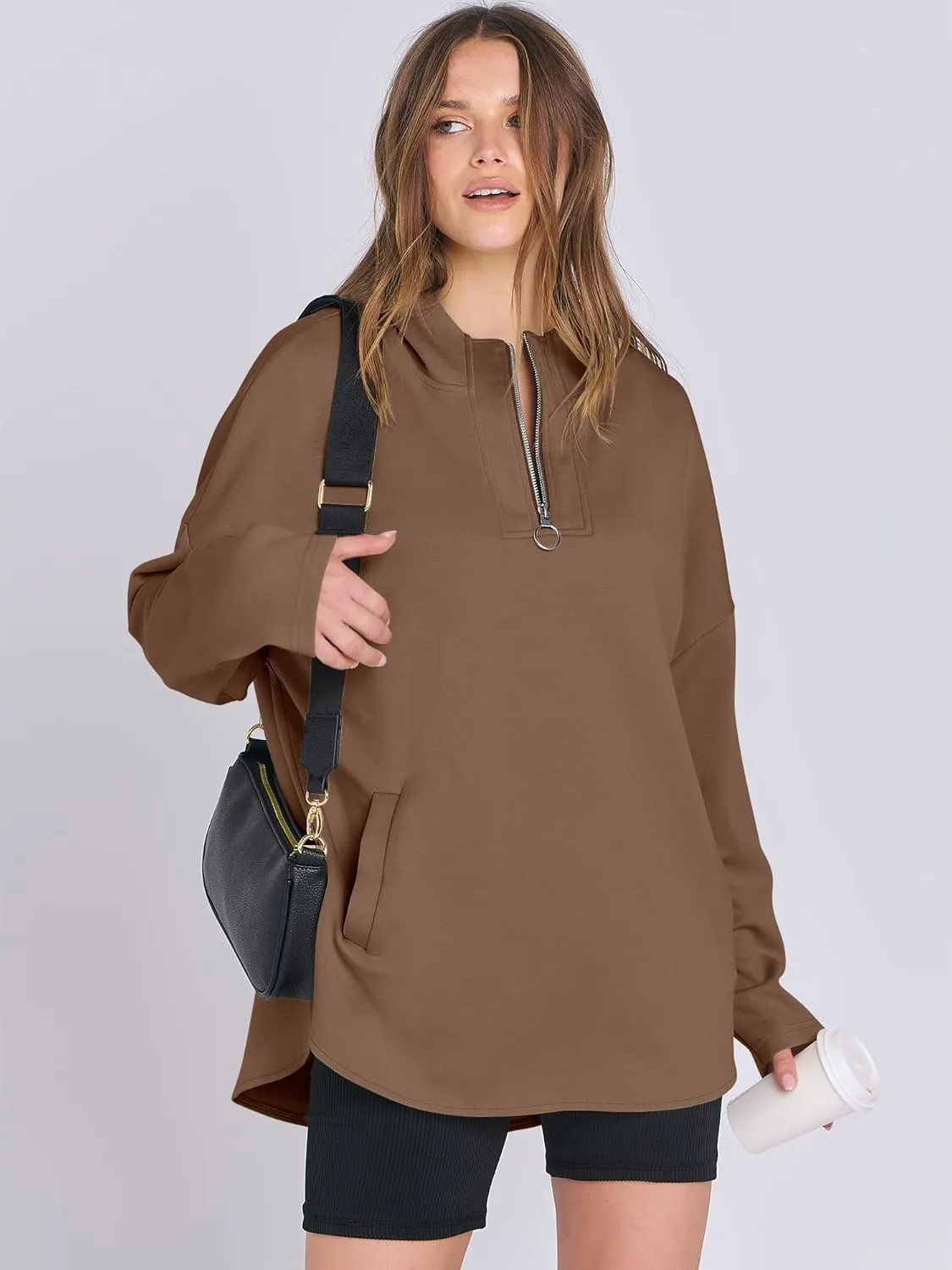 ANRABESS Womens Oversized Hoodie Quarter Zip Sweatshirts 2025 Spring Tunic Pullover Top Trendy Teen Girls Preppy Clothes