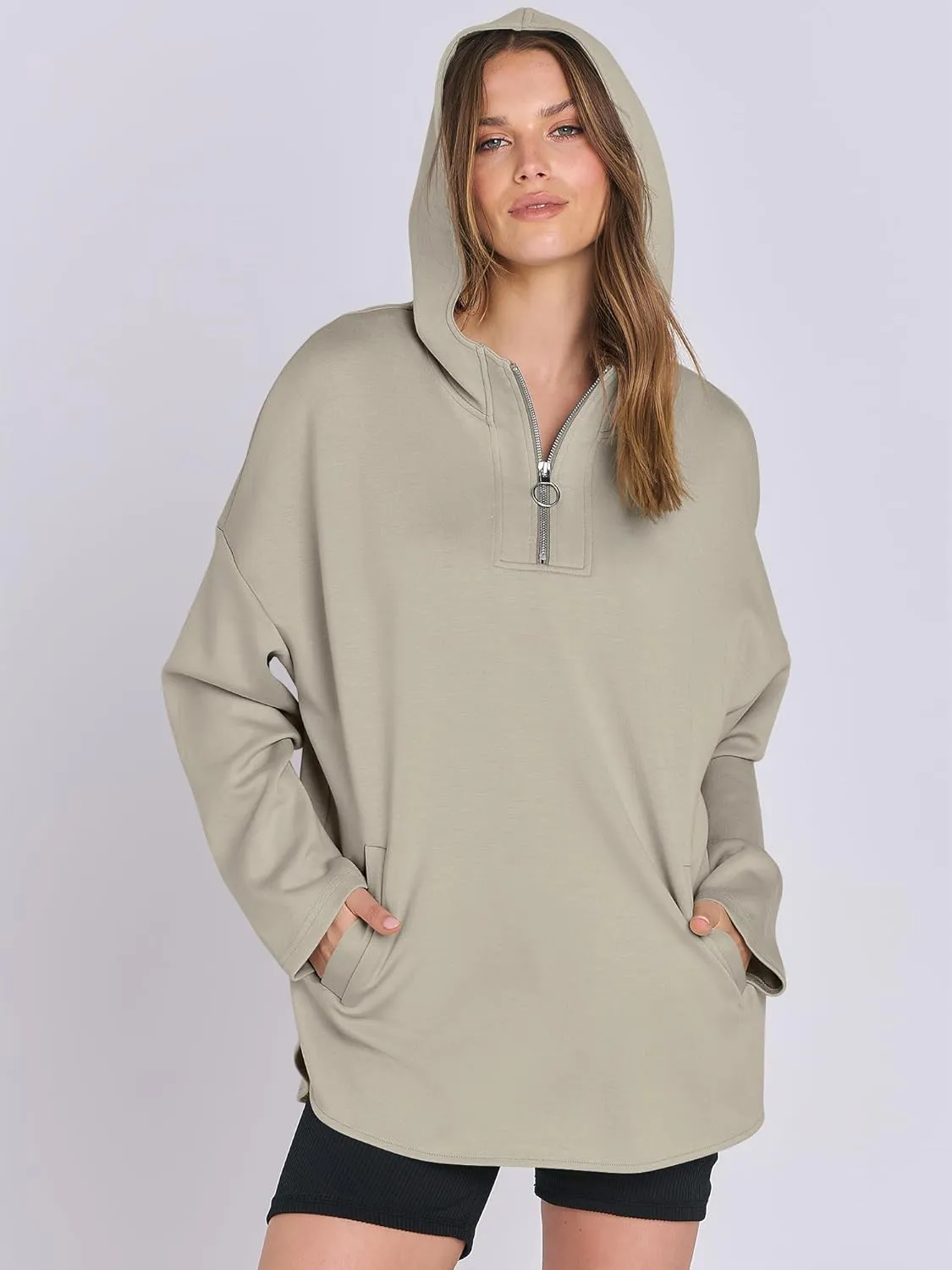 ANRABESS Womens Oversized Hoodie Quarter Zip Sweatshirts 2025 Spring Tunic Pullover Top Trendy Teen Girls Preppy Clothes