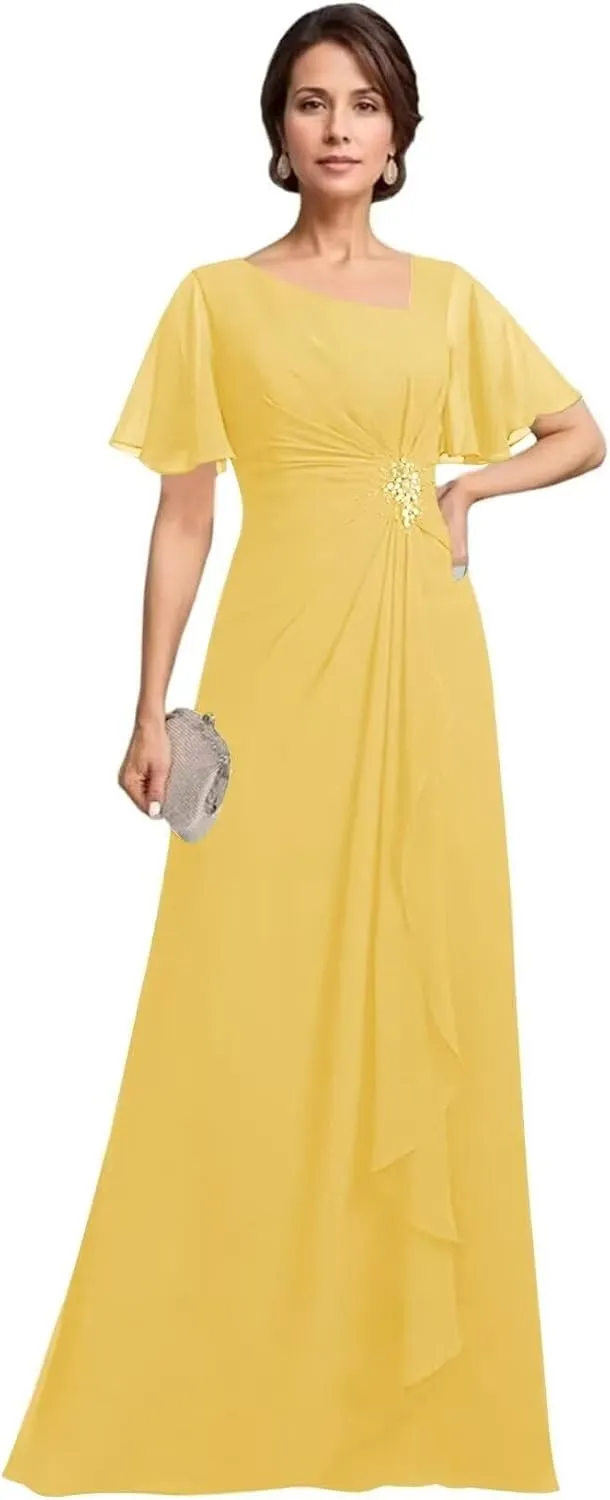 Asymmetrical Neck Mother of The Bride Dresses with Pockets Ruffles Sleeves Chiffon Formal Evening Gowns