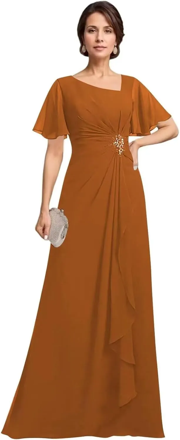 Asymmetrical Neck Mother of The Bride Dresses with Pockets Ruffles Sleeves Chiffon Formal Evening Gowns
