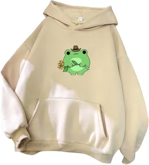 Attine Cute Frog Hoodie for Womens 2024 Long Sleeve Patchwork Sweatshirts Kawaii Frog Graphic Pullover with Pocket