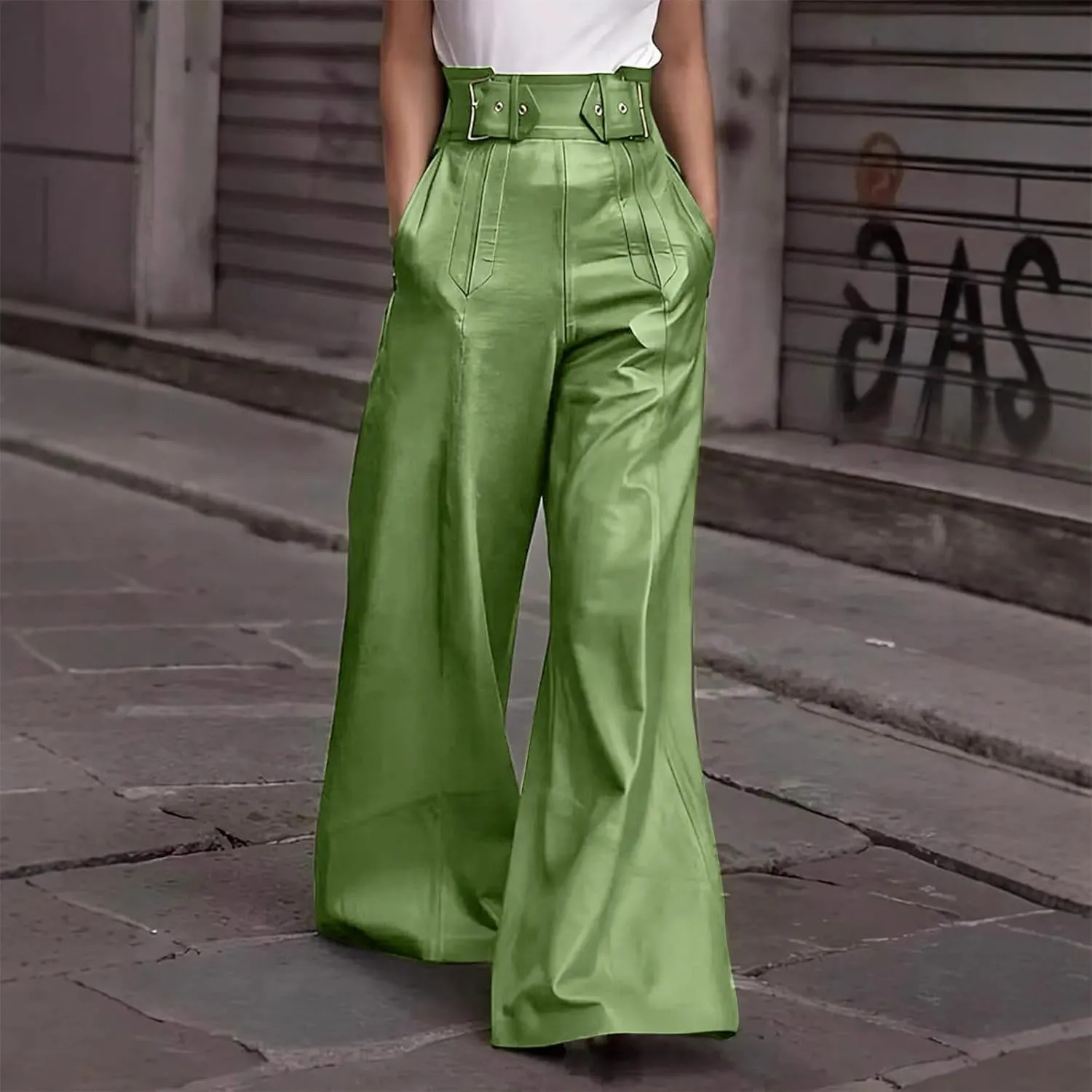 Azeralia Wide Leg Pants Woman Leather Pants High Waist Wide Leg Flared Pants Casual Loose Trousers