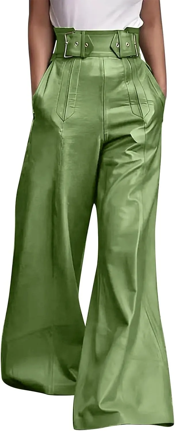 Azeralia Wide Leg Pants Woman Leather Pants High Waist Wide Leg Flared Pants Casual Loose Trousers