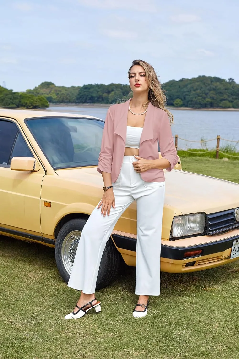 Belle Poque Womens Casual Blazers Open Front Lightweight Suit Jackets Business Dressy 3/4 Sleeve Blazers for Work