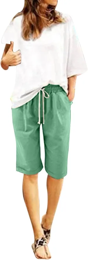 Bermuda Shorts for Women Knee Length Plus Size High Waisted Shorts Baggy Drawstring Pockets Casual Summer Shorts