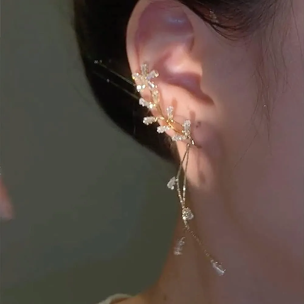 BETHYNAS Glitter Rhinestone Butterfly Flower Ear Cuff Sparkly Non-Pierced Crystal Tassel Fake Earrings Climber Lady Ear Wrap Bridal Party Ear Jewelry for Women and Girls