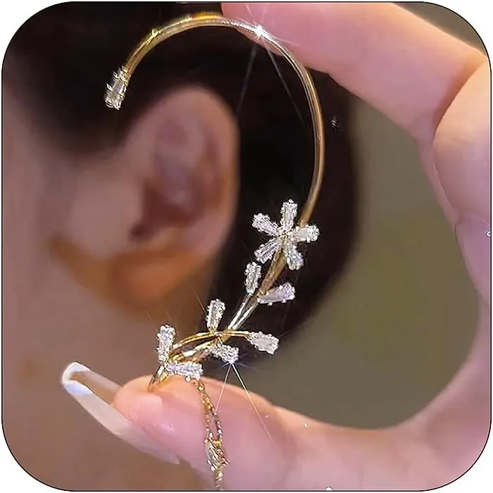 BETHYNAS Glitter Rhinestone Butterfly Flower Ear Cuff Sparkly Non-Pierced Crystal Tassel Fake Earrings Climber Lady Ear Wrap Bridal Party Ear Jewelry for Women and Girls