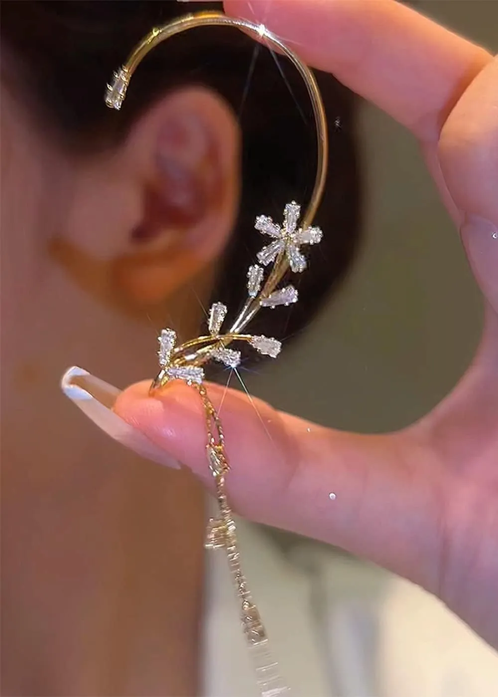 BETHYNAS Glitter Rhinestone Butterfly Flower Ear Cuff Sparkly Non-Pierced Crystal Tassel Fake Earrings Climber Lady Ear Wrap Bridal Party Ear Jewelry for Women and Girls