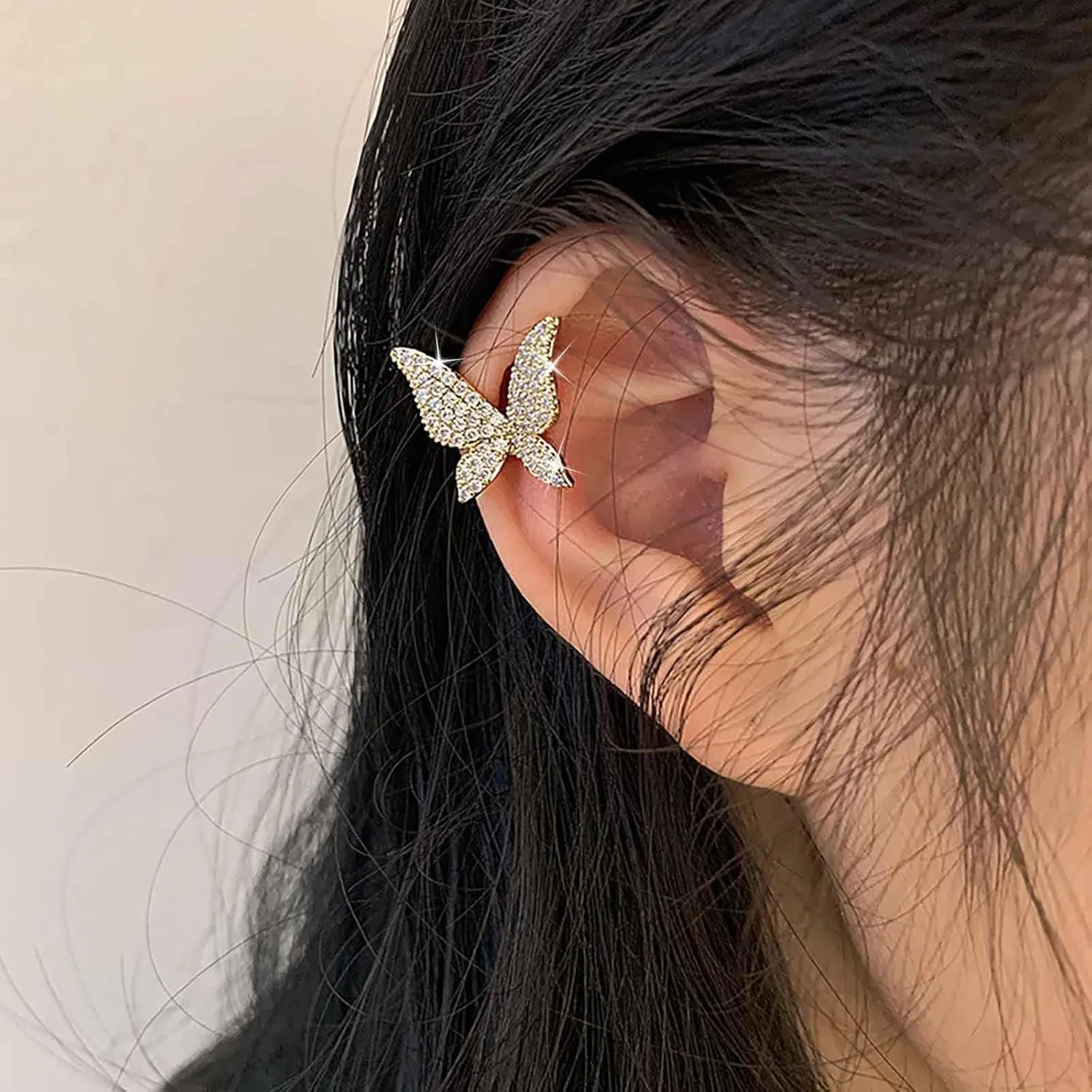 Boho Cz Butterfly Earrings Gold Cz Butterfly Stud Earrings Crystal Butterfly Clip On Earrings Butterfly No Pierced Earrings Jewelry for Women (Right)