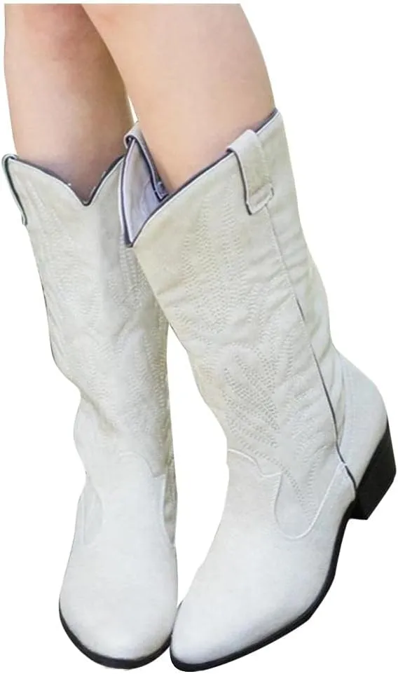 Boots for Women Cowgirl Boots Wide Calf Round Toe Vintage Embroidered Pull On Cowgirl Booties Shoes