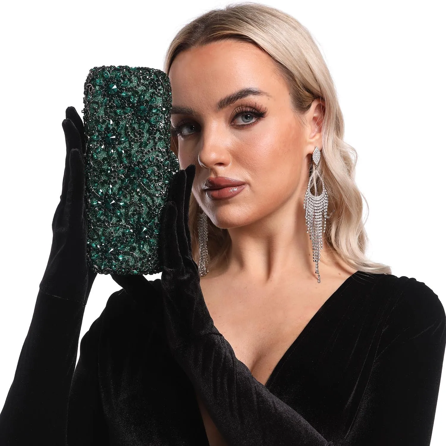 Boutique De FGG Bling Flower Crystal Clutch Evening Bags for Women Formal Party Rhinestone Clutch Purse Wedding Handbag,Mini
