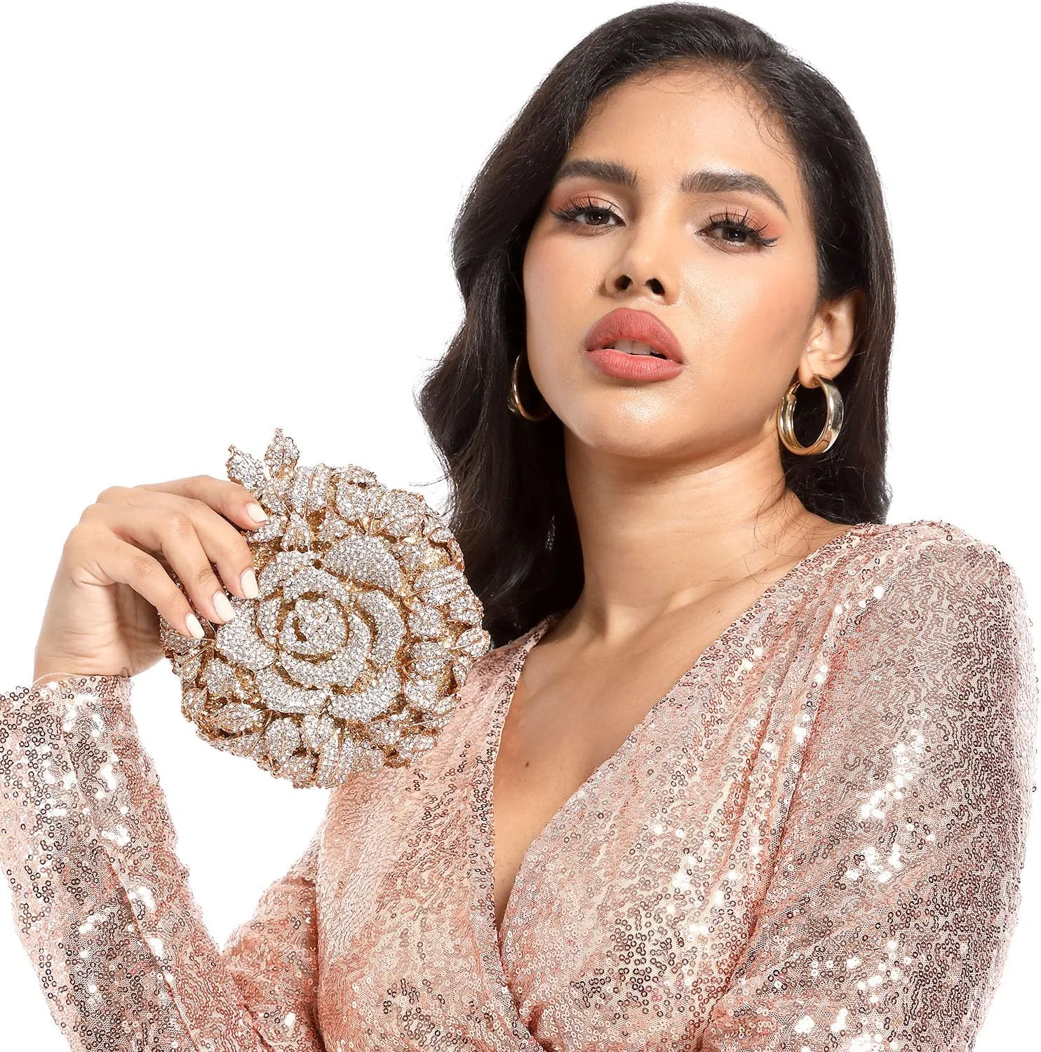 Boutique De FGG Round Rose Flower Crystal Clutch Purses for Women Formal Evening Bags Wedding Clutch Bag Party Handbags,Mini