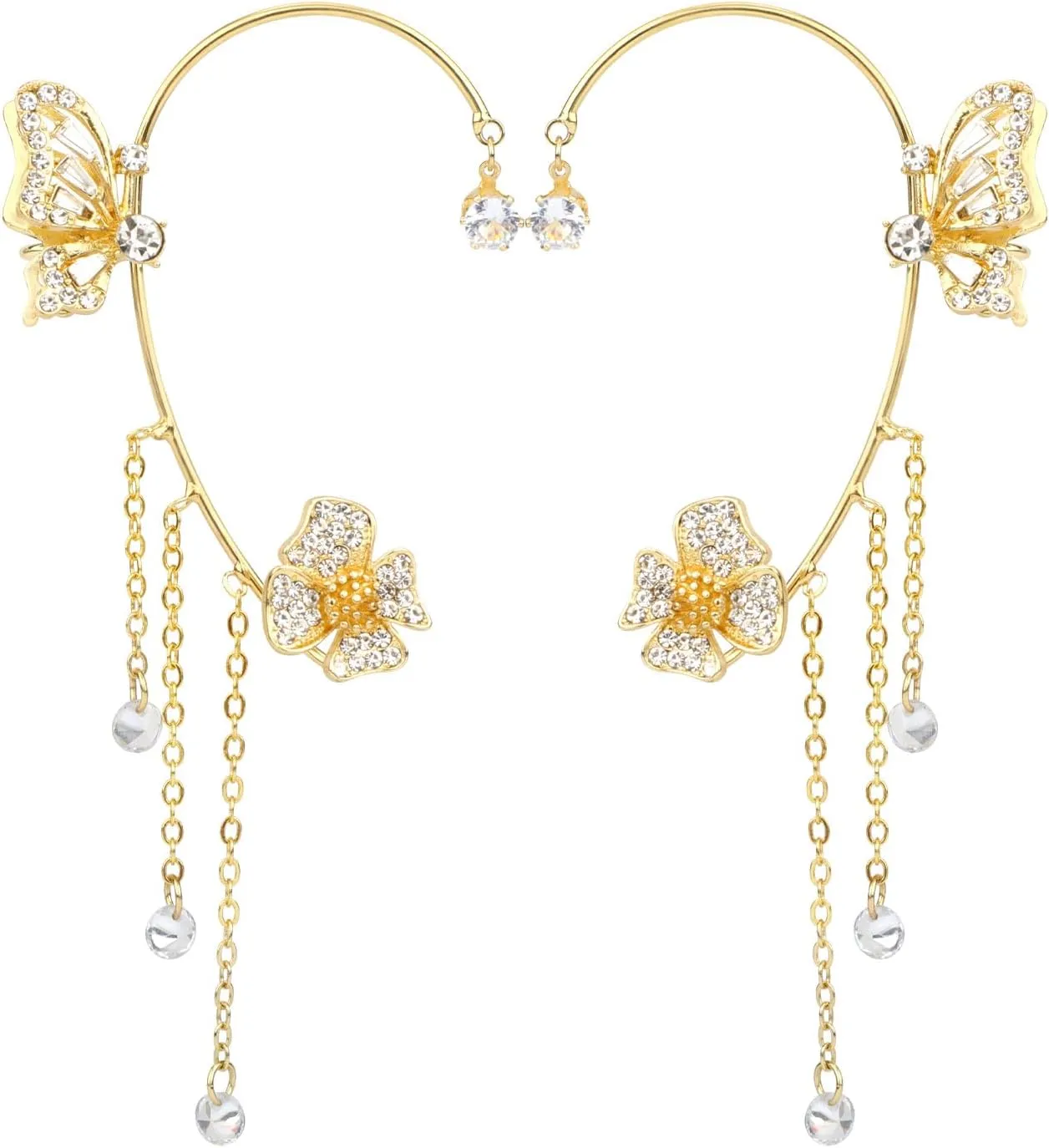 Butterfly Ear Cuffs, Rhinestone Flower Butterfly Earrings with Tassels Sparkling Crystal Ear Clip Jewelry Gift for Women Girls Party Festival Prom Accessories