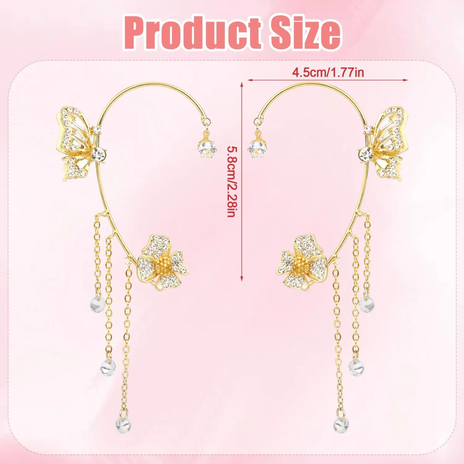 Butterfly Ear Cuffs, Rhinestone Flower Butterfly Earrings with Tassels Sparkling Crystal Ear Clip Jewelry Gift for Women Girls Party Festival Prom Accessories