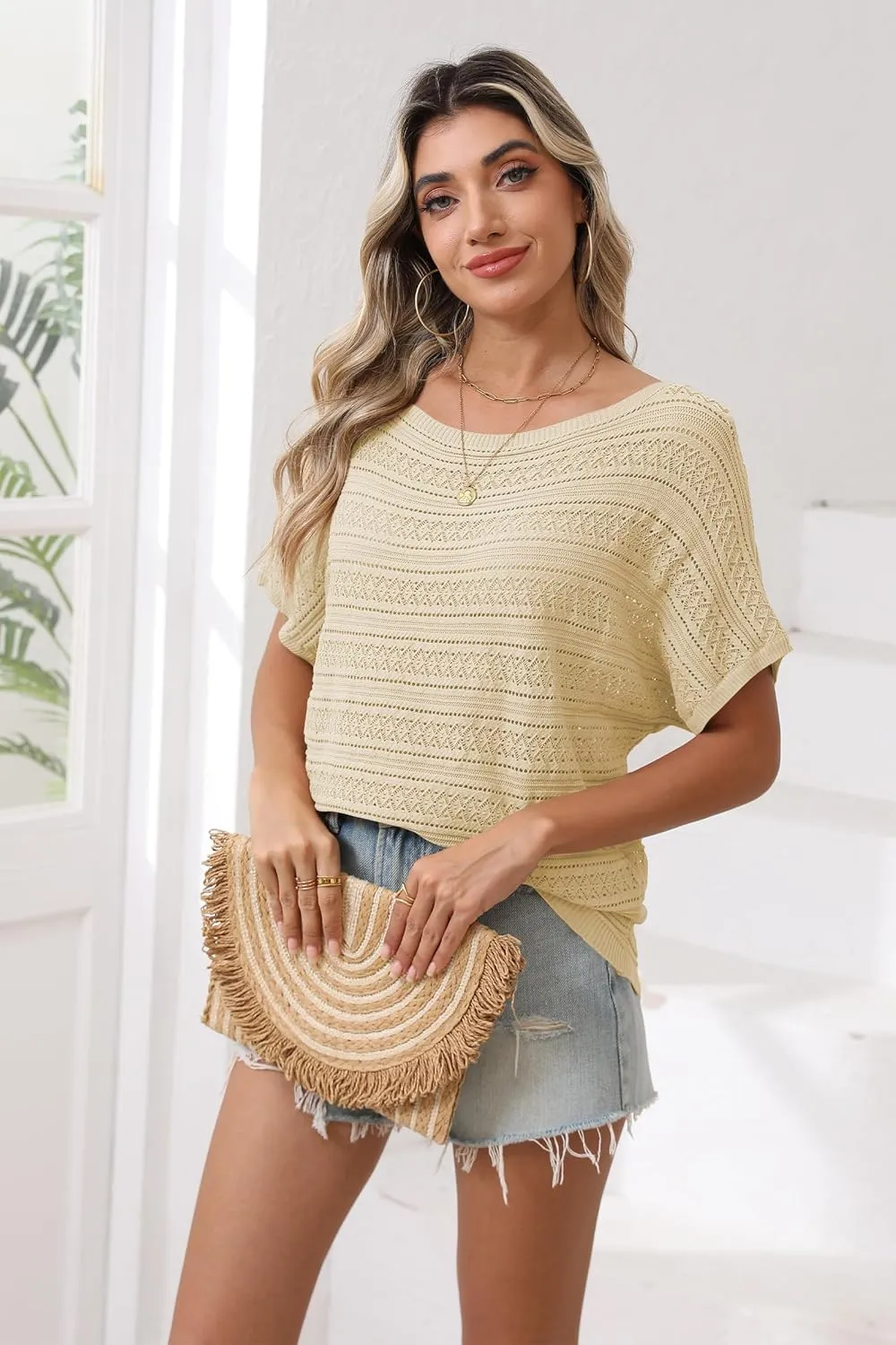 Cakulo Summer Off The Shoulder Tops for Women Crochet Short Sleeve Batwing Knit Spring Oversized Sweater Top