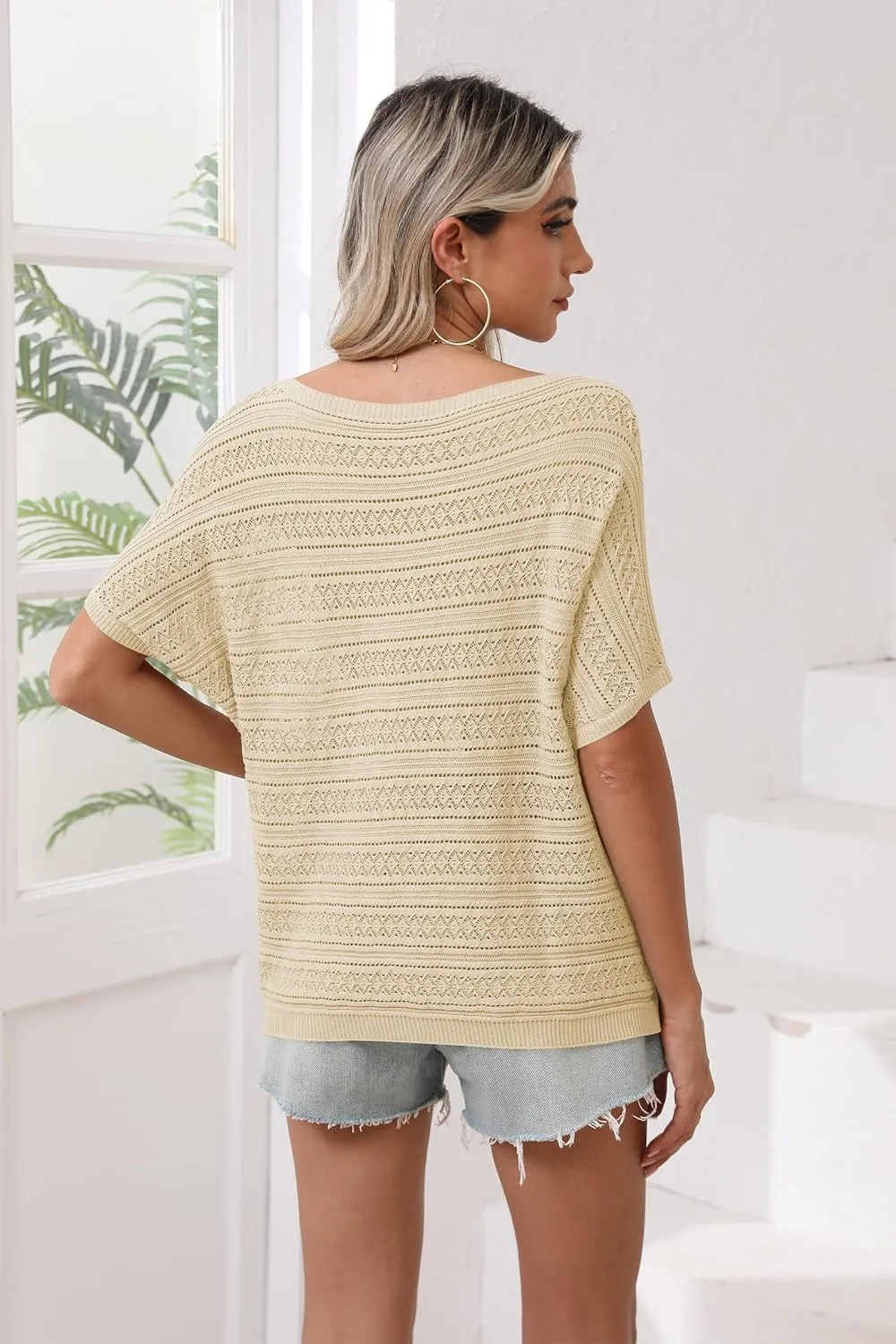 Cakulo Summer Off The Shoulder Tops for Women Crochet Short Sleeve Batwing Knit Spring Oversized Sweater Top