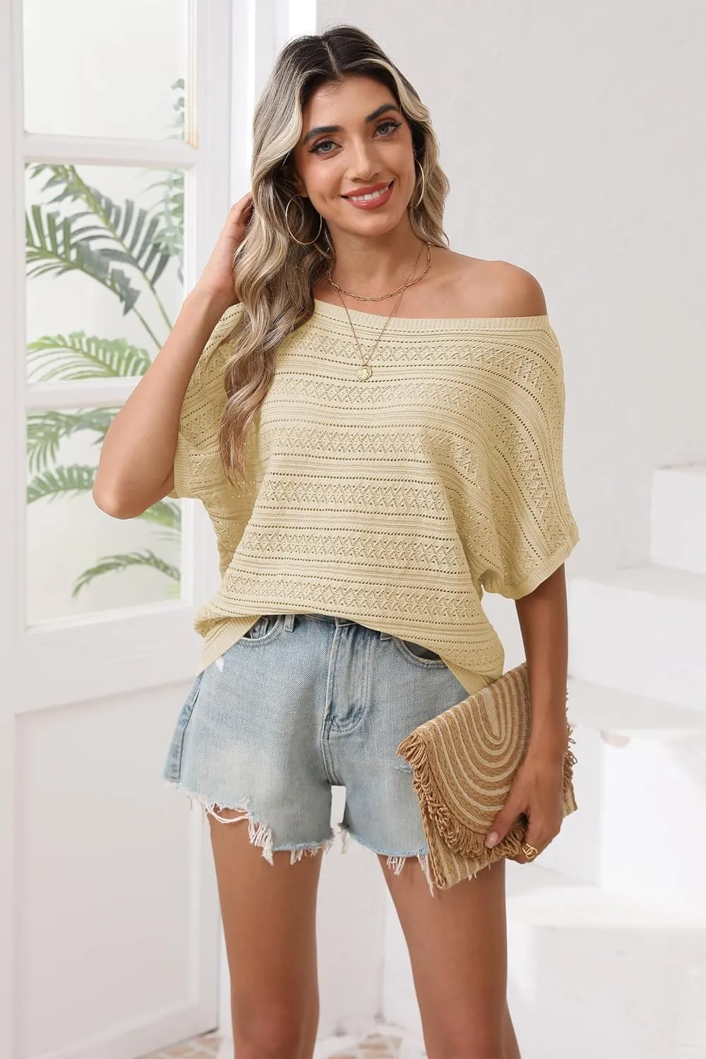 Cakulo Summer Off The Shoulder Tops for Women Crochet Short Sleeve Batwing Knit Spring Oversized Sweater Top