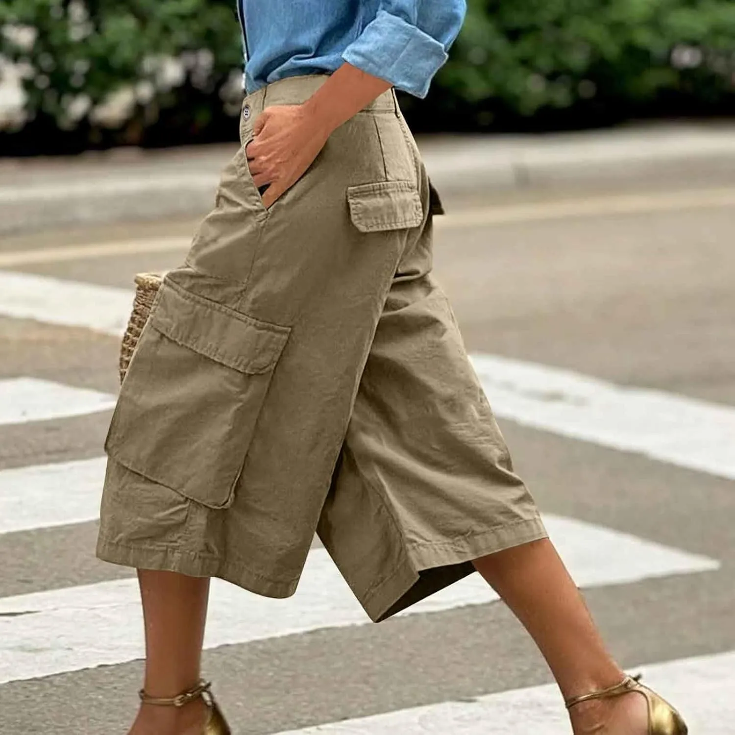 Capri Cargo Pants for Women with Pockets High Waisted Wide Leg Baggy Cargo Capris Casual Vintage Cropped Pants