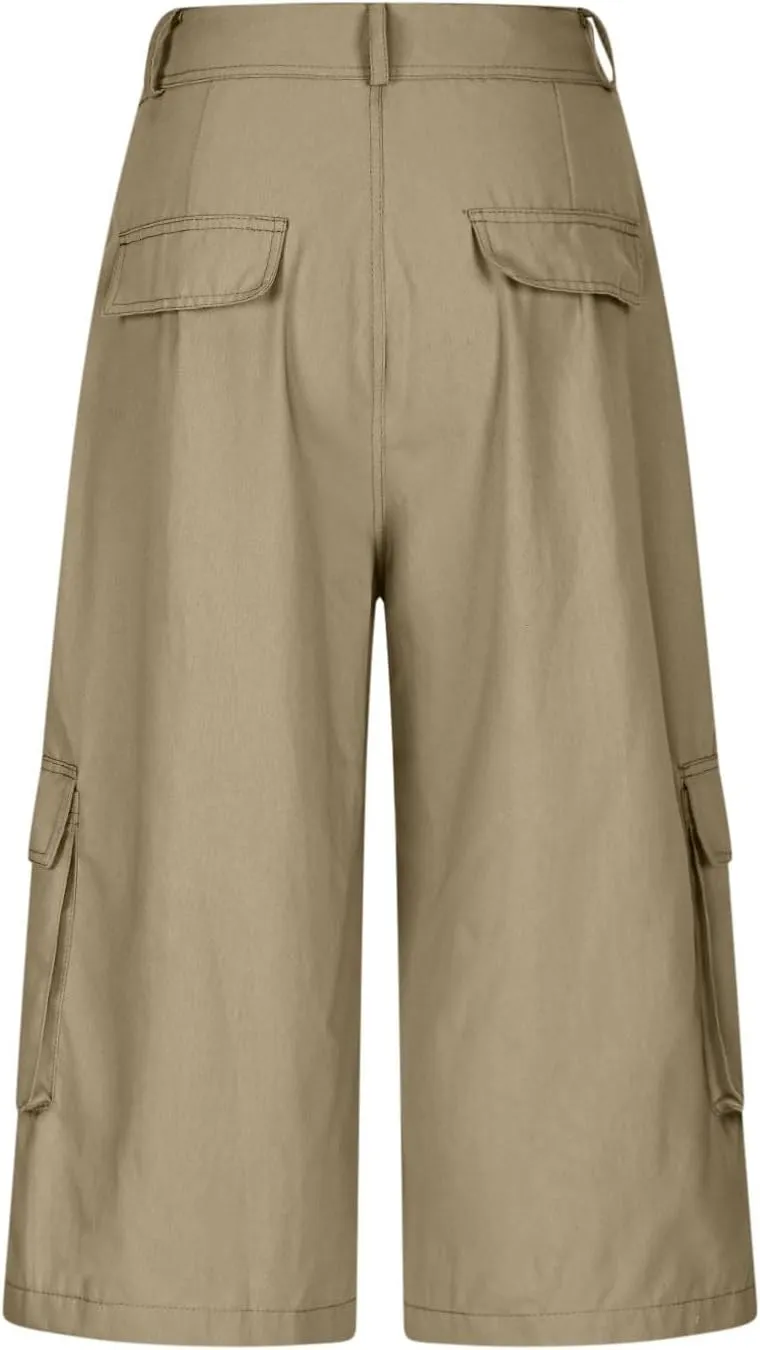 Capri Cargo Pants for Women with Pockets High Waisted Wide Leg Baggy Cargo Capris Casual Vintage Cropped Pants