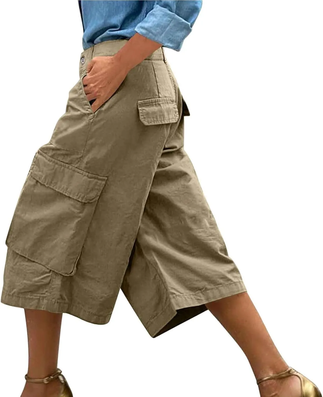 Capri Cargo Pants for Women with Pockets High Waisted Wide Leg Baggy Cargo Capris Casual Vintage Cropped Pants
