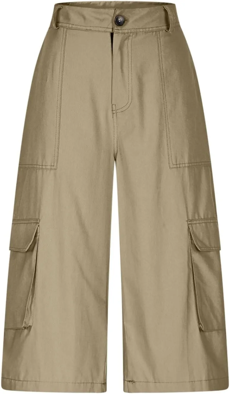 Capri Cargo Pants for Women with Pockets High Waisted Wide Leg Baggy Cargo Capris Casual Vintage Cropped Pants