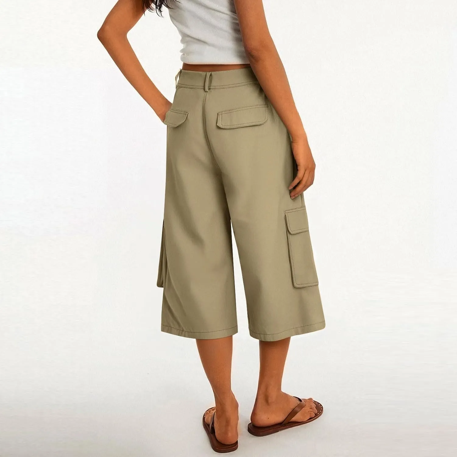 Capri Cargo Pants for Women with Pockets High Waisted Wide Leg Baggy Cargo Capris Casual Vintage Cropped Pants