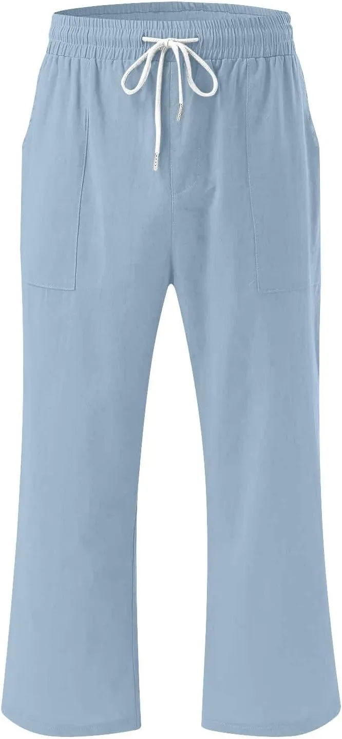 Capri Pants for Women Casual Summer 2024 Elastic Waist Wide Leg Drawstring Lounge Pant Cropped Beach Trousers