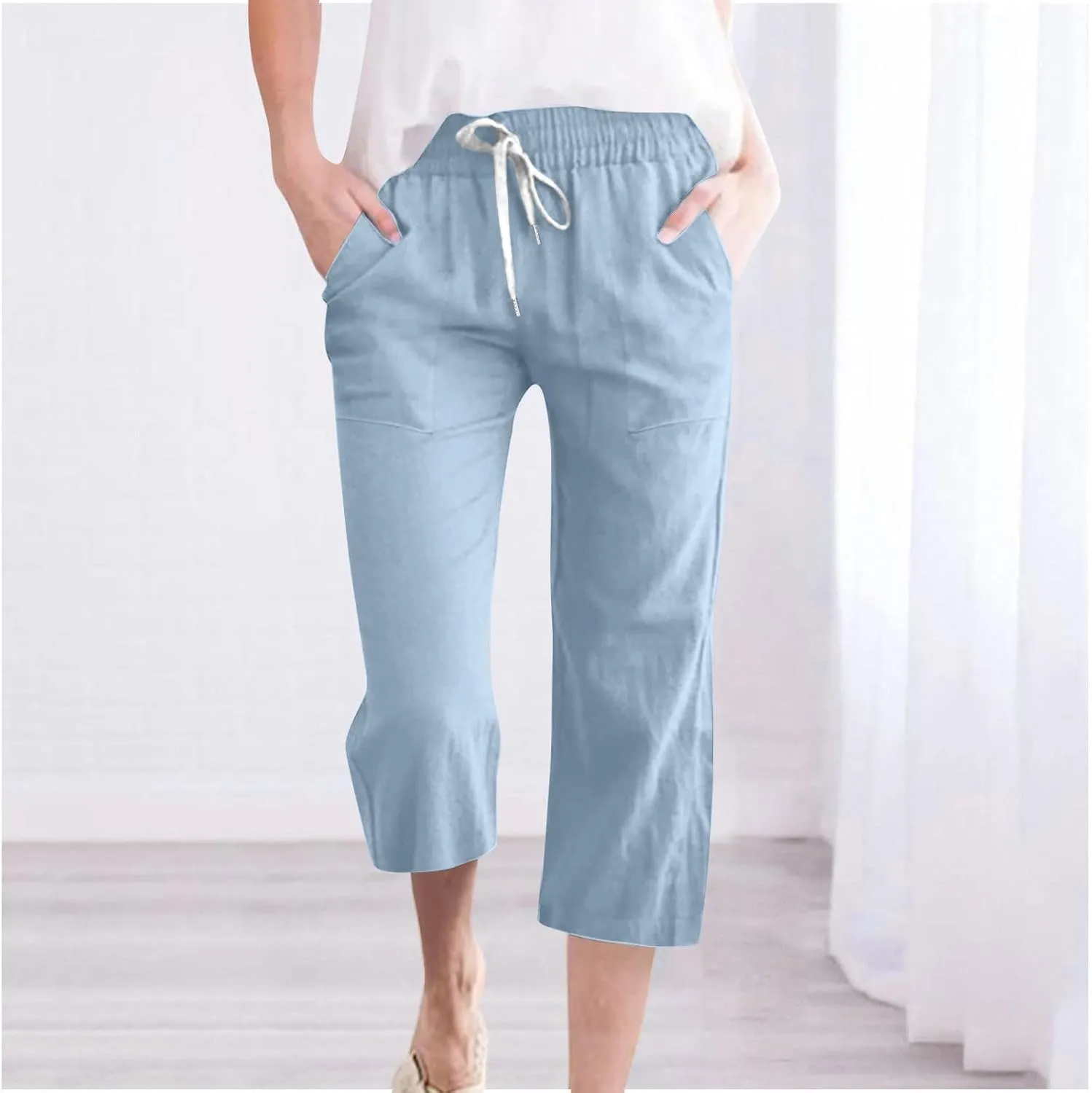 Capri Pants for Women Casual Summer 2024 Elastic Waist Wide Leg Drawstring Lounge Pant Cropped Beach Trousers
