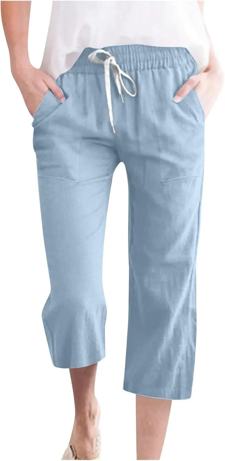 Capri Pants for Women Casual Summer 2024 Elastic Waist Wide Leg Drawstring Lounge Pant Cropped Beach Trousers