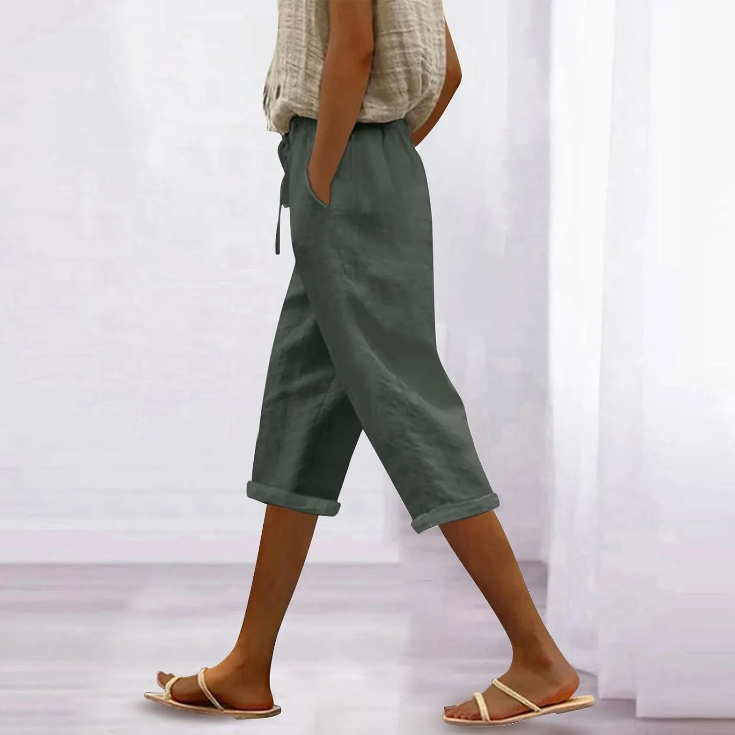 Capri Pants for Women Cotton Linen Casual Plus Size Drawstring Elastic Waist Capris Summer Pants with Pockets
