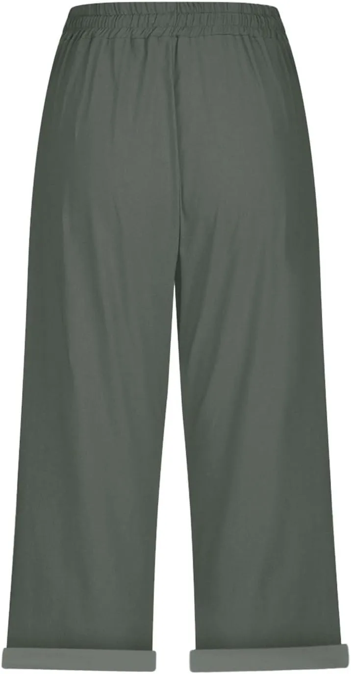 Capri Pants for Women Cotton Linen Casual Plus Size Drawstring Elastic Waist Capris Summer Pants with Pockets