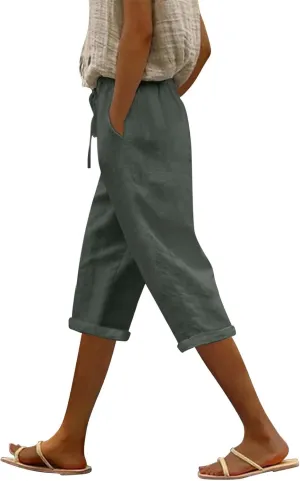 Capri Pants for Women Cotton Linen Casual Plus Size Drawstring Elastic Waist Capris Summer Pants with Pockets