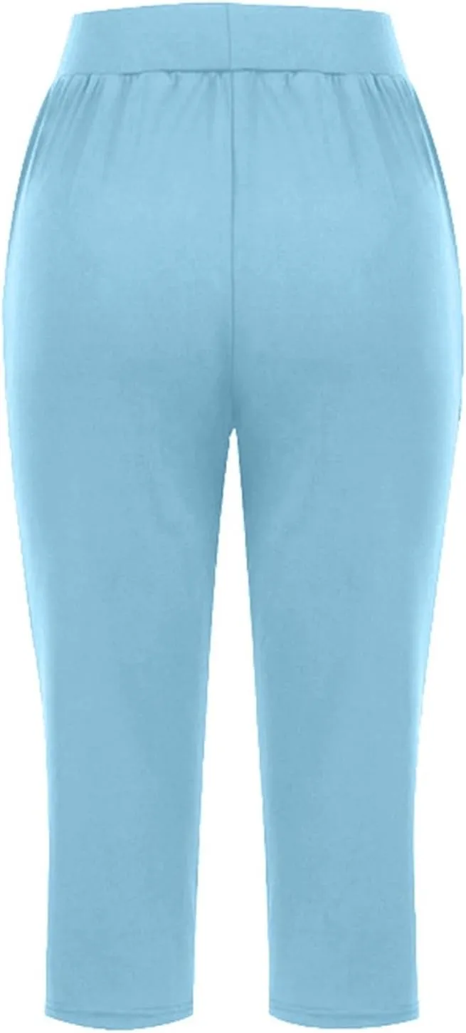 Capri Pants for Women Straight Leg Stretchy Lightweight Cropped Pant Summer Trendy Casual Beach Trousers with Pockets