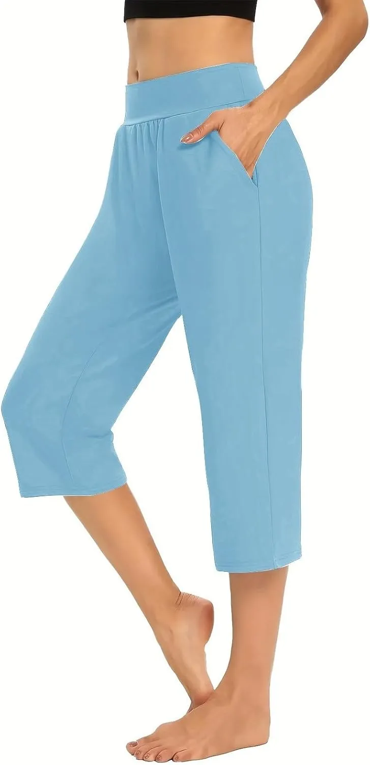 Capri Pants for Women Straight Leg Stretchy Lightweight Cropped Pant Summer Trendy Casual Beach Trousers with Pockets