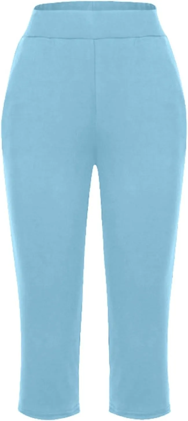 Capri Pants for Women Straight Leg Stretchy Lightweight Cropped Pant Summer Trendy Casual Beach Trousers with Pockets