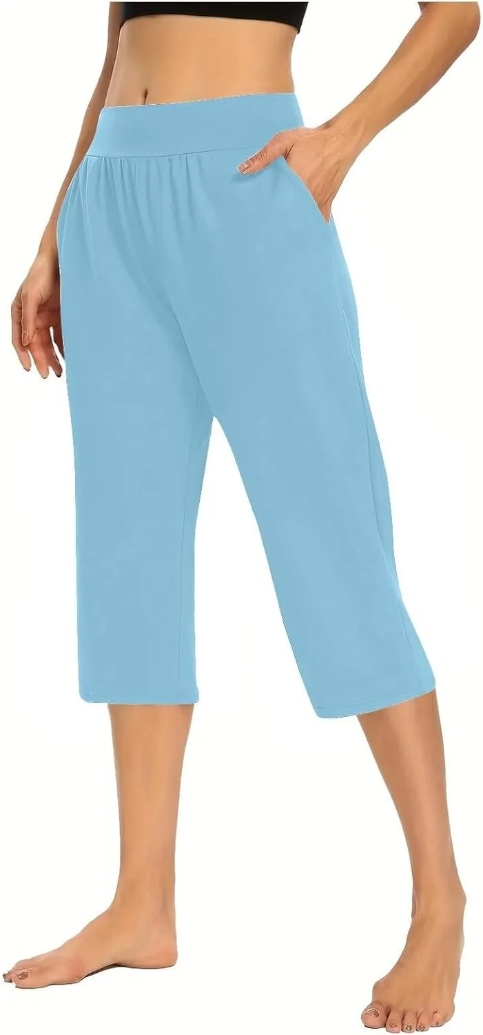 Capri Pants for Women Straight Leg Stretchy Lightweight Cropped Pant Summer Trendy Casual Beach Trousers with Pockets