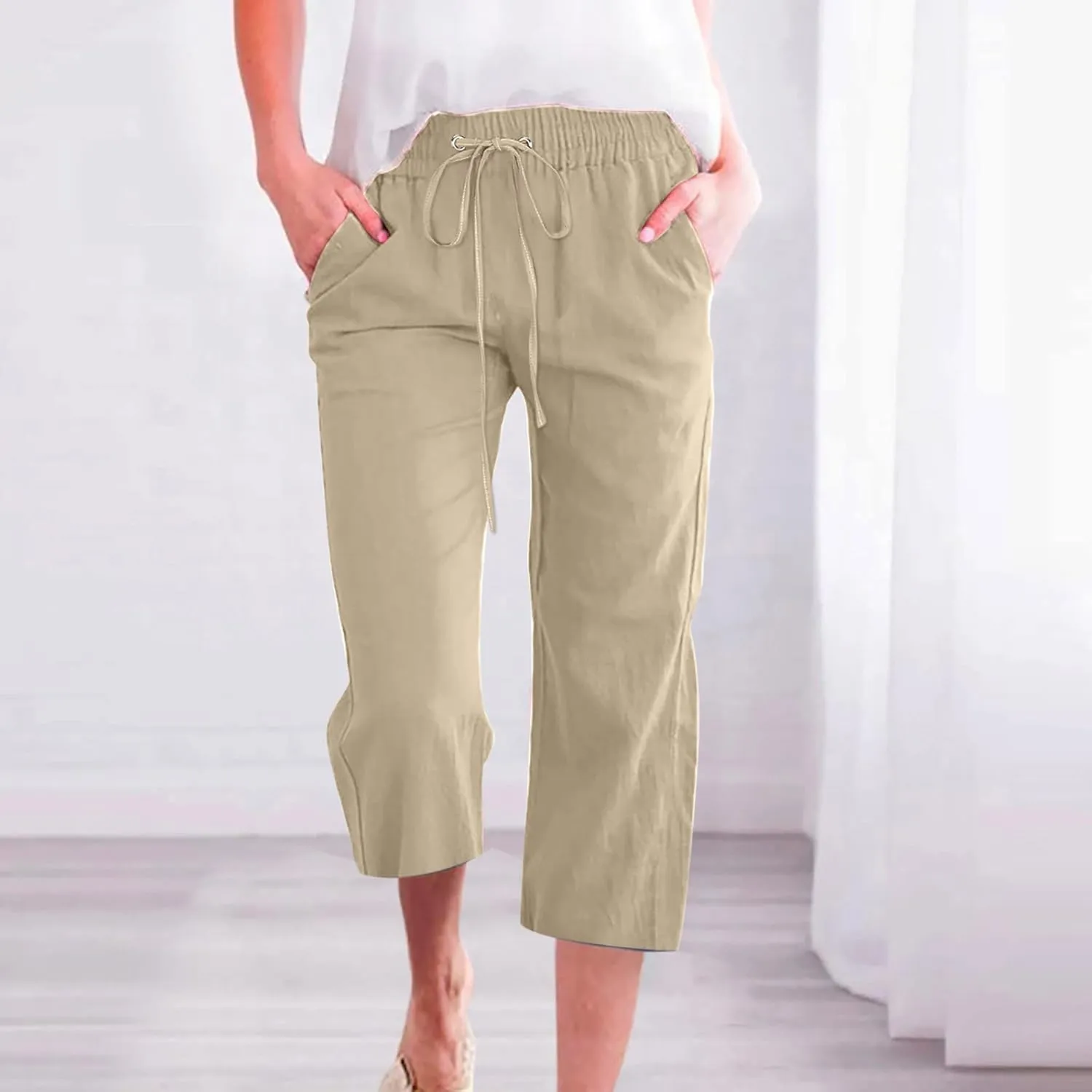 Capri Pants for Women Summer Drawstring Elastic High Waist Cotton Linen Pants Plus Size Loose Lounge Beach Trousers