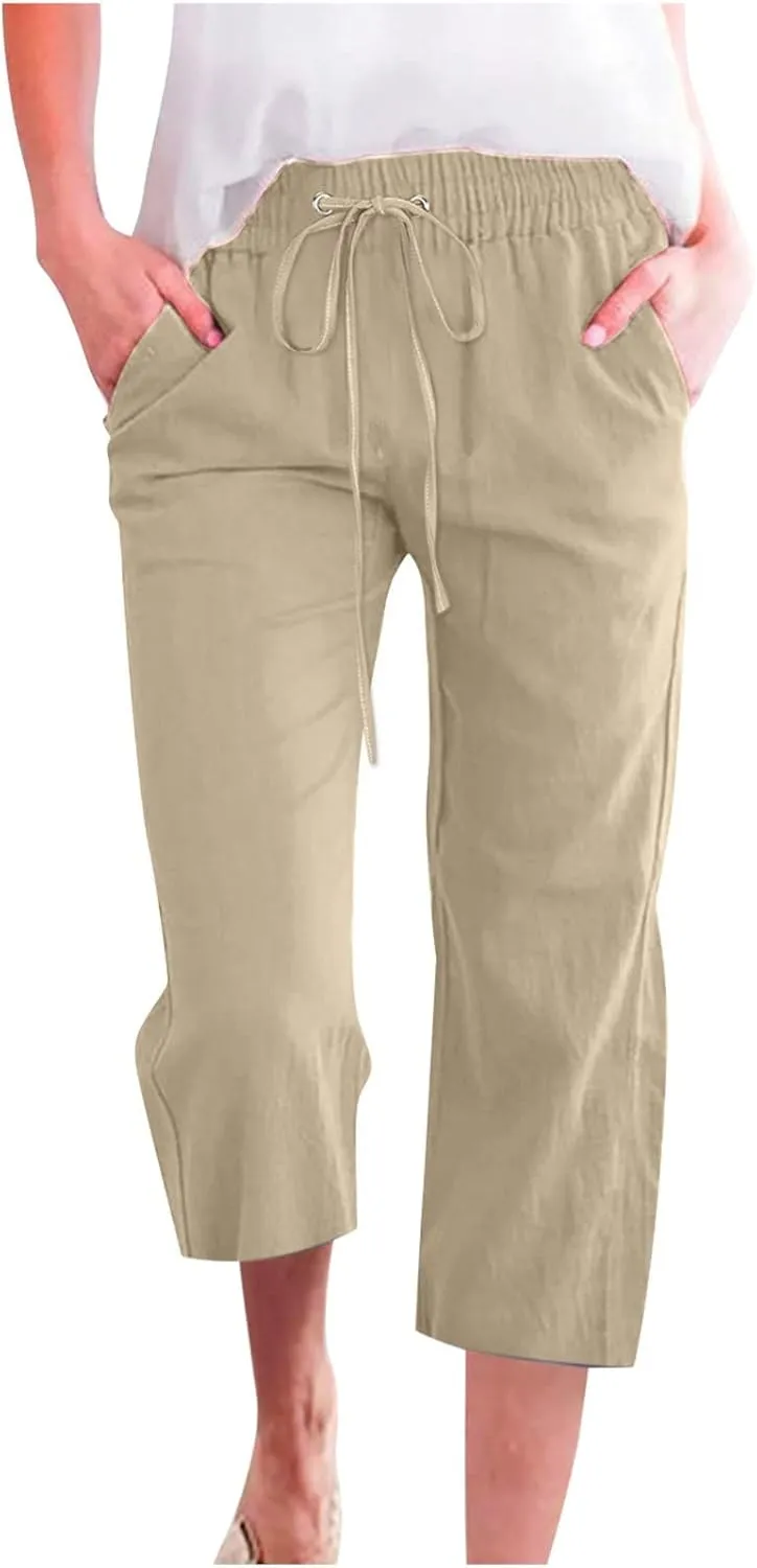 Capri Pants for Women Summer Drawstring Elastic High Waist Cotton Linen Pants Plus Size Loose Lounge Beach Trousers