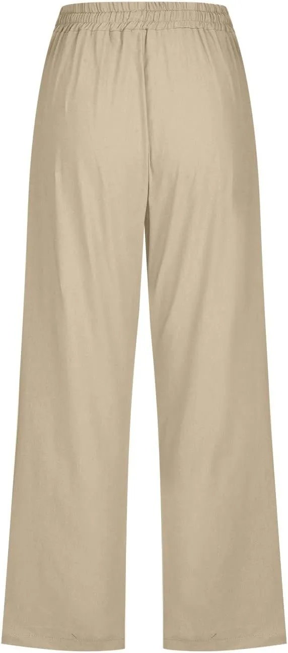 Capri Pants for Women Summer Drawstring Elastic High Waist Cotton Linen Pants Plus Size Loose Lounge Beach Trousers